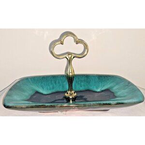 Vintage Royal Canadian Art Pottery Aqua Drip Glaze Handled Candy Dish 10"